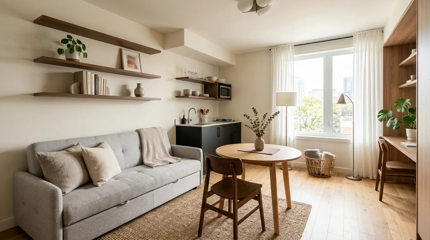 Clever studio apartment layout with multifunctional furniture and a calm palette.